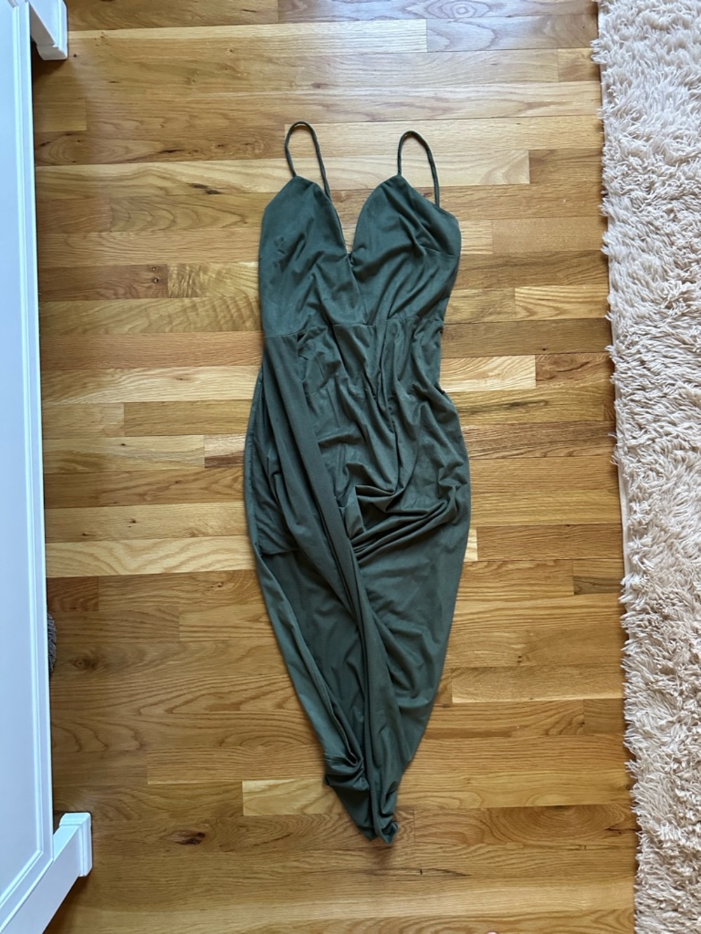 NEW Asymmetrical Olive Suede Green Slip Dress with Spaghetti Straps